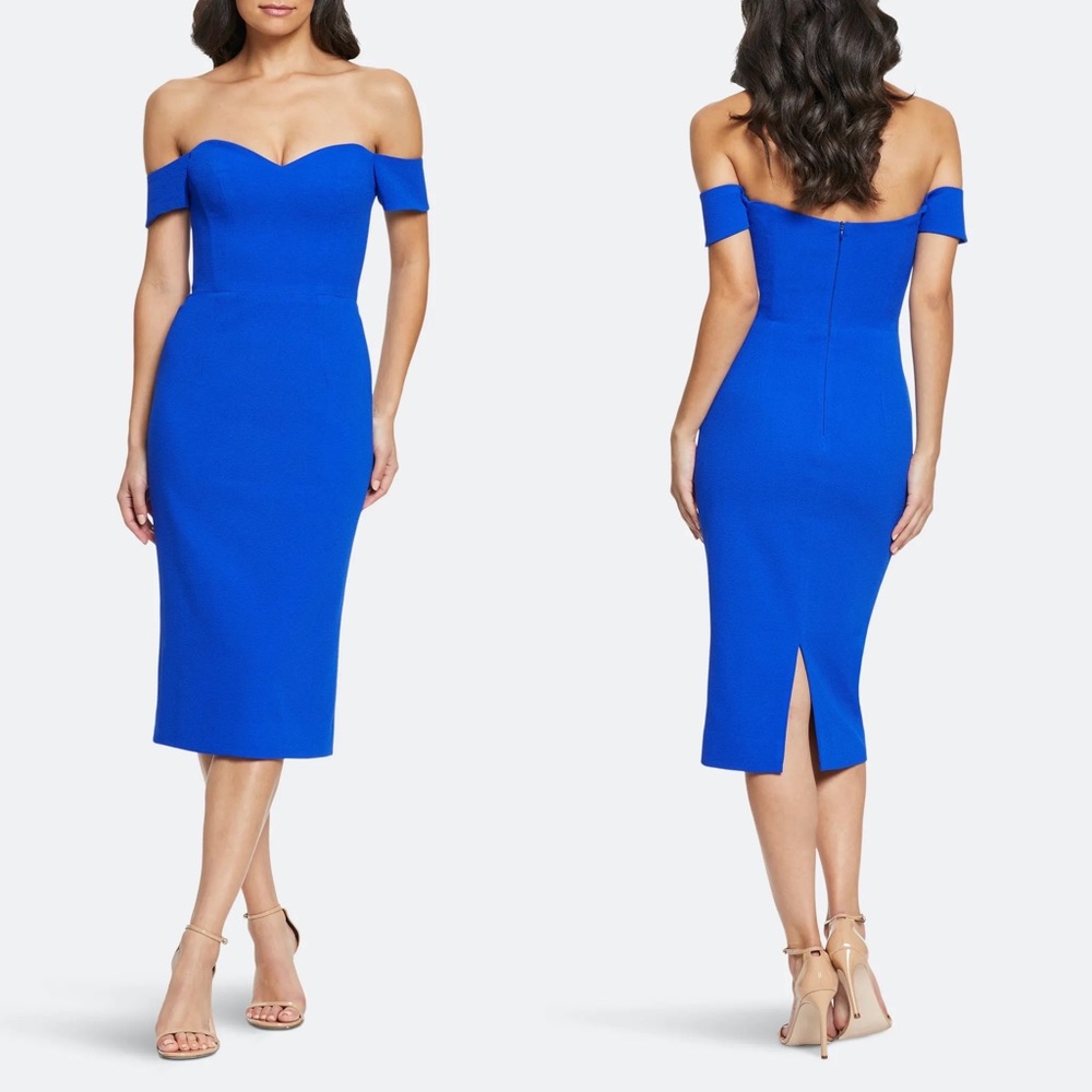 Dress the Population Bailey Midi Dress Wedding Cocktail Formal Sheath Blue